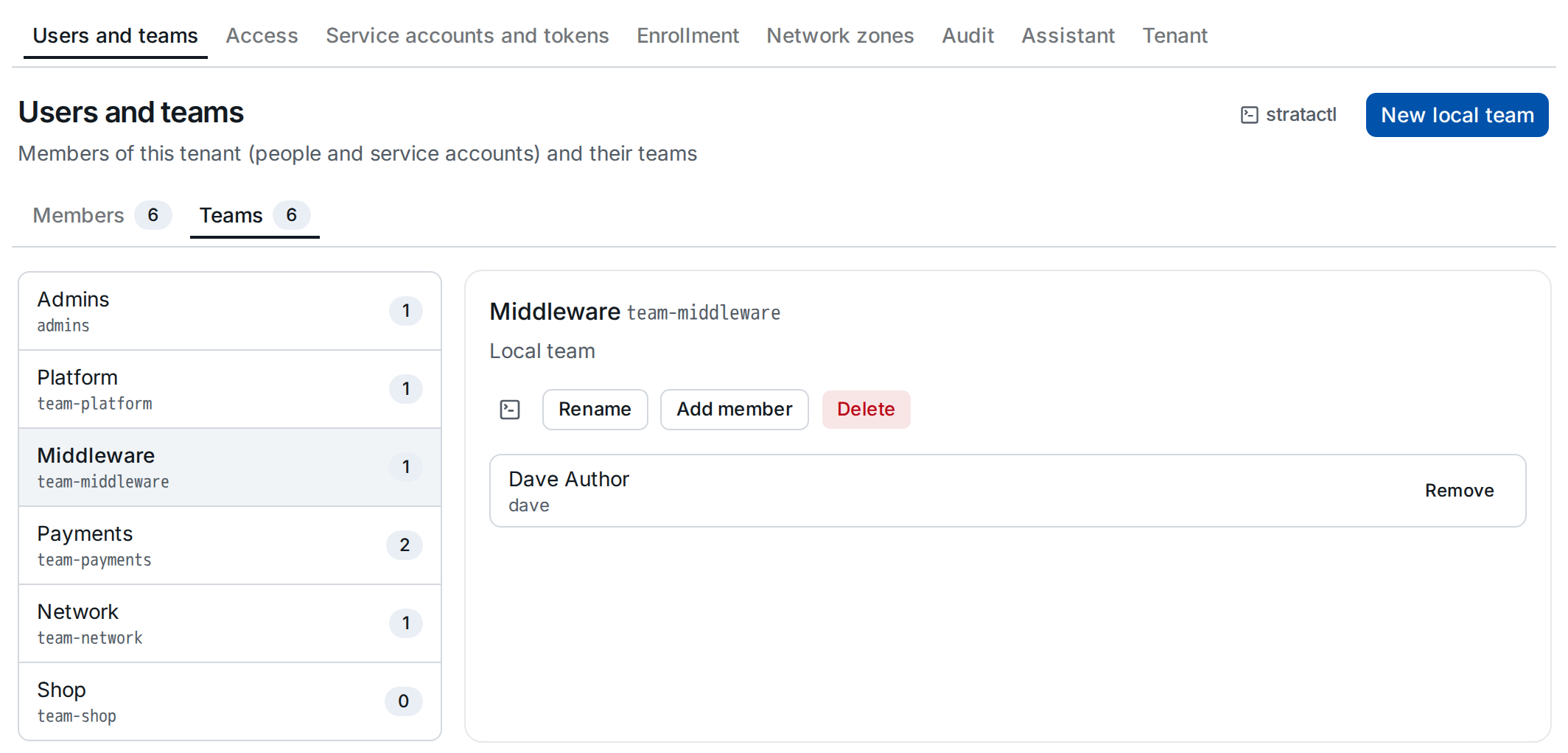 The Teams tab with the local team team-middleware selected: its members and the team actions