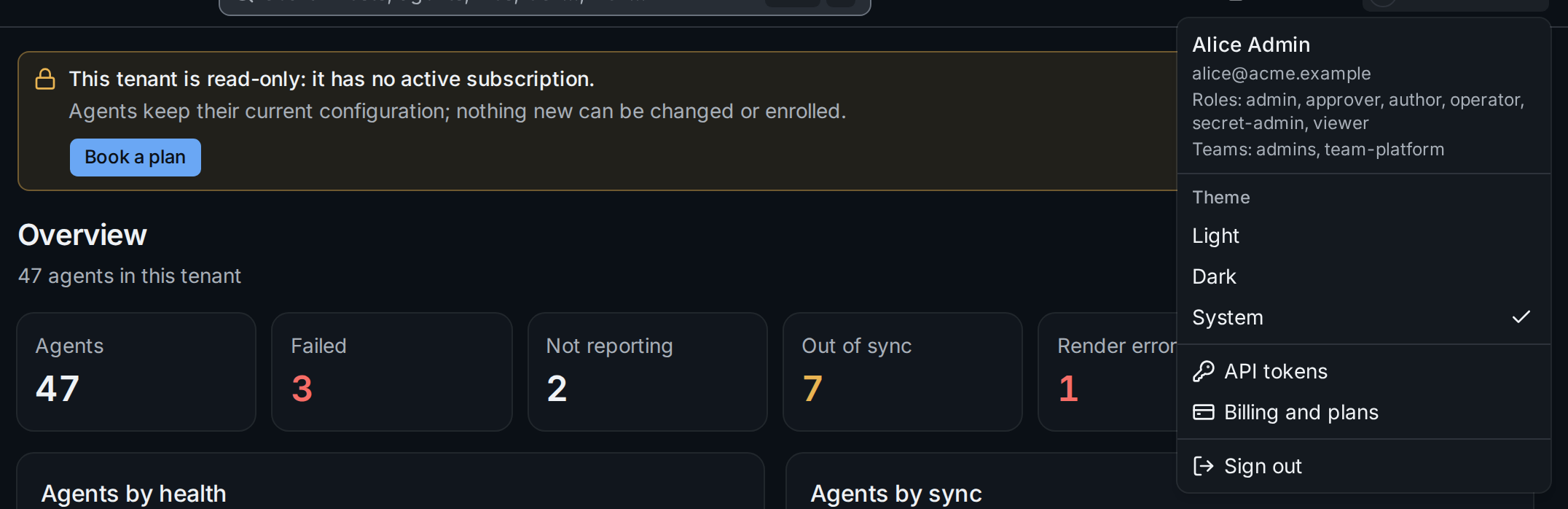 The banner of a read-only tenant with Book a plan, and the user menu with Billing and plans