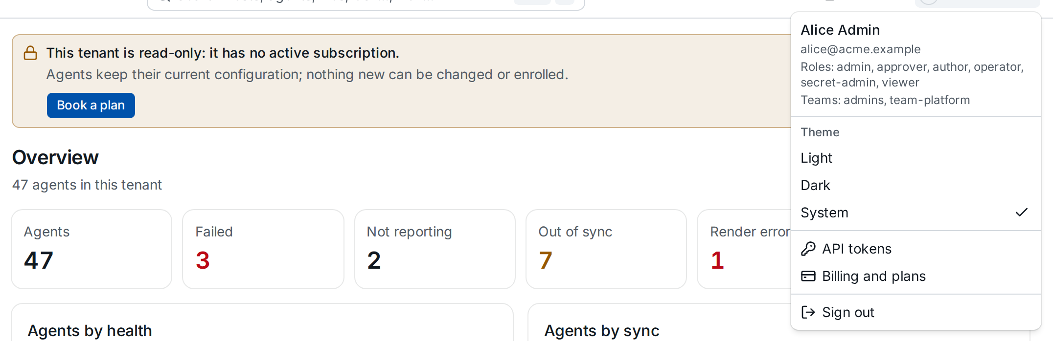 The banner of a read-only tenant with Book a plan, and the user menu with Billing and plans