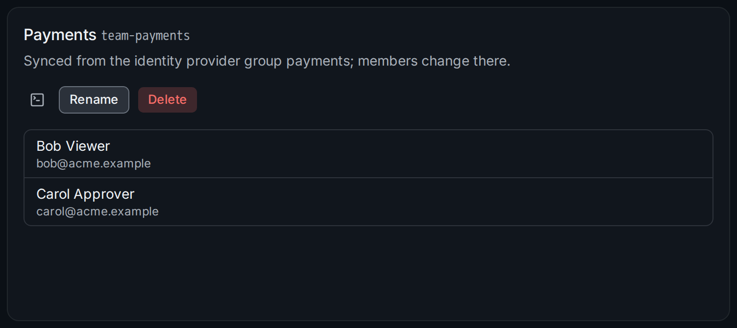 The team team-payments, synced from the identity provider group payments, without member actions