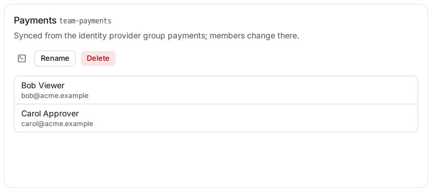 The team team-payments, synced from the identity provider group payments, without member actions