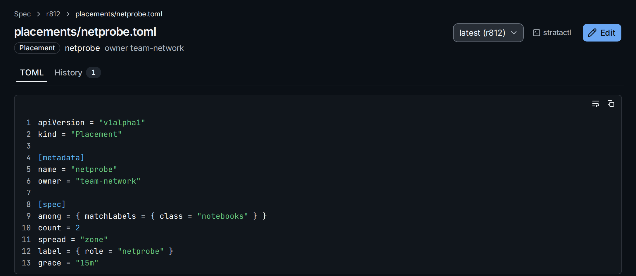 The spec file placements/netprobe.toml with its Edit button