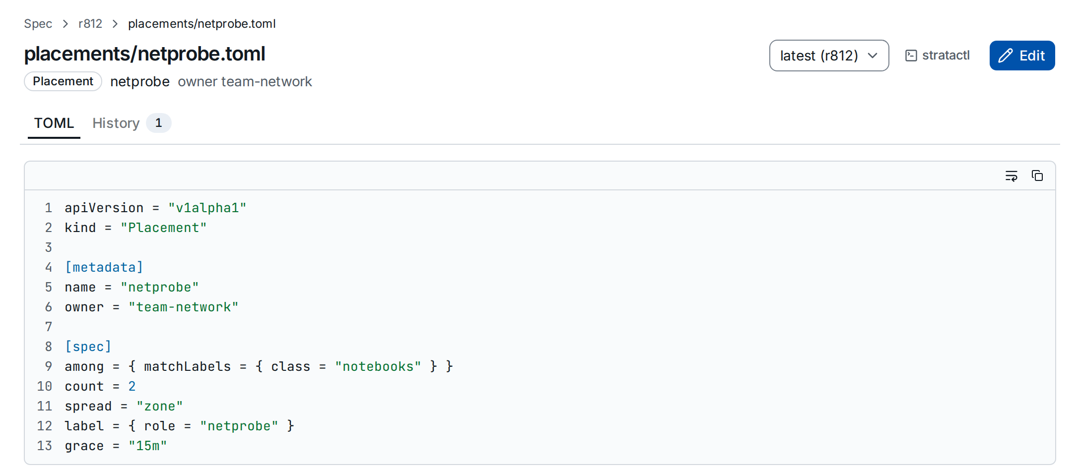 The spec file placements/netprobe.toml with its Edit button