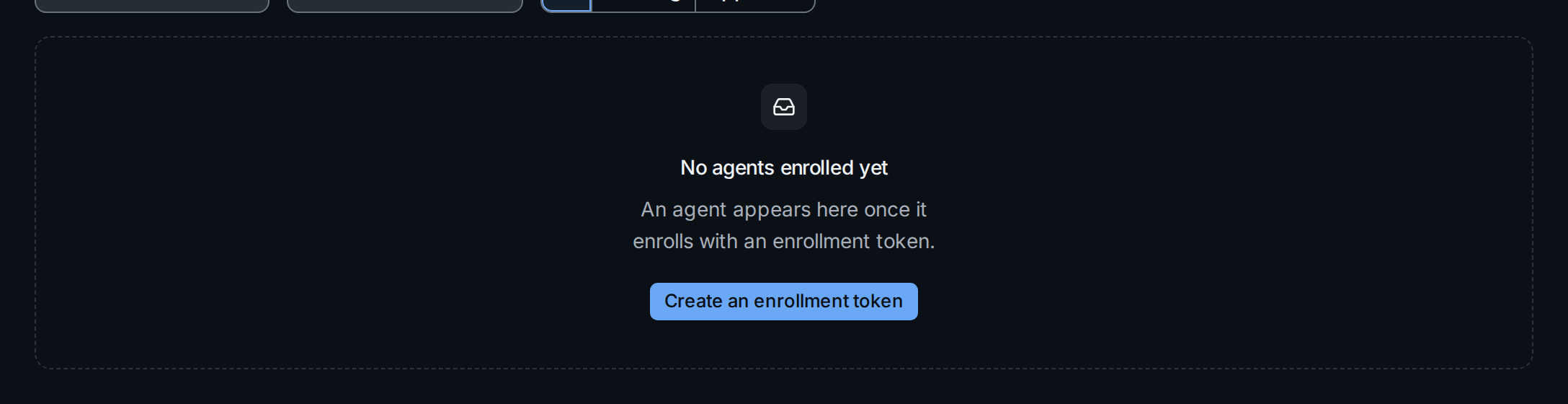 The agents list of a new tenant: no agents enrolled yet, with a link to create an enrollment token
