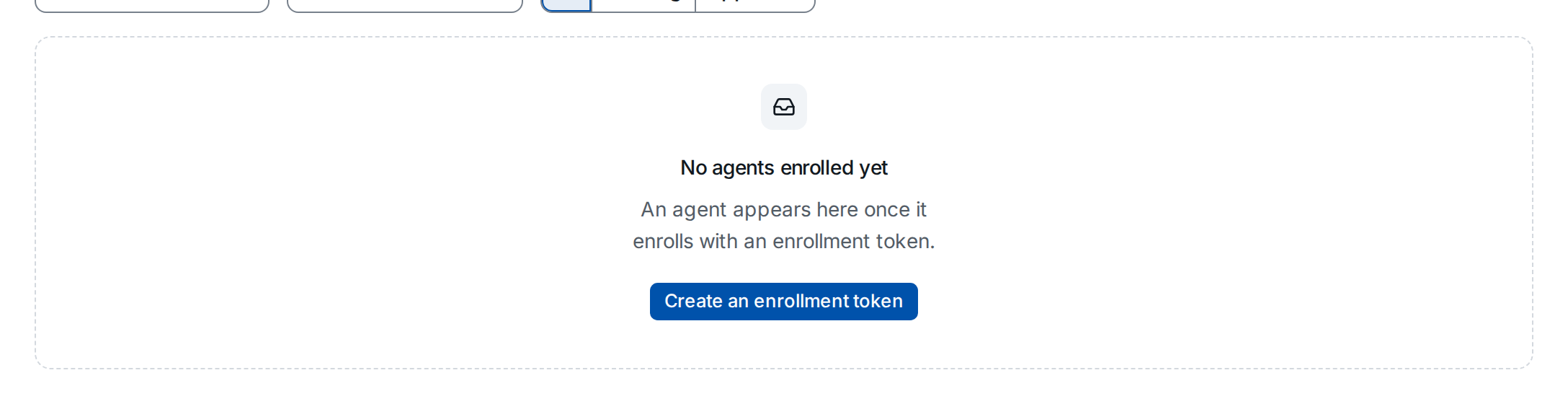The agents list of a new tenant: no agents enrolled yet, with a link to create an enrollment token