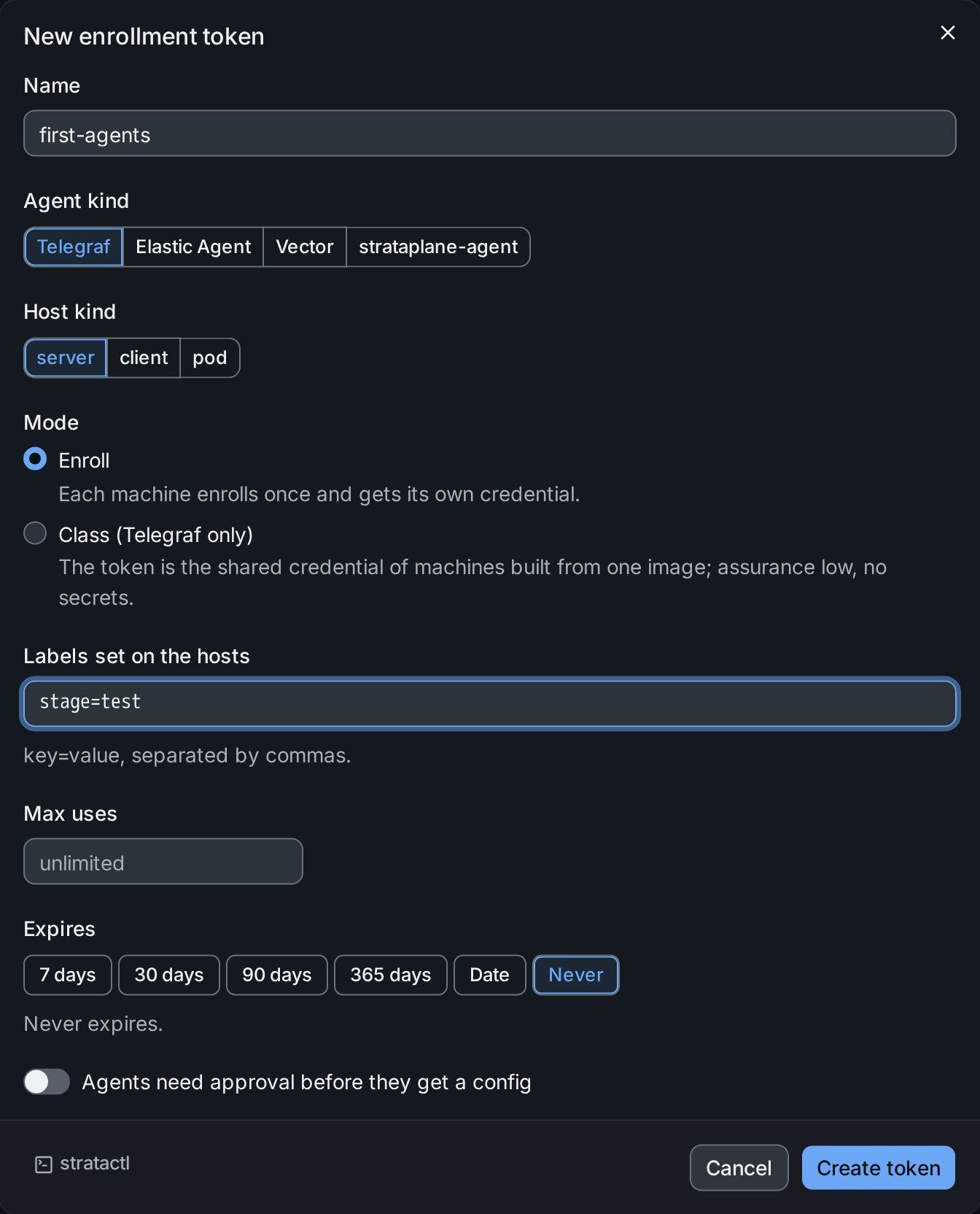 The New enrollment token dialog with name, agent kind, mode, labels, expiry and approval