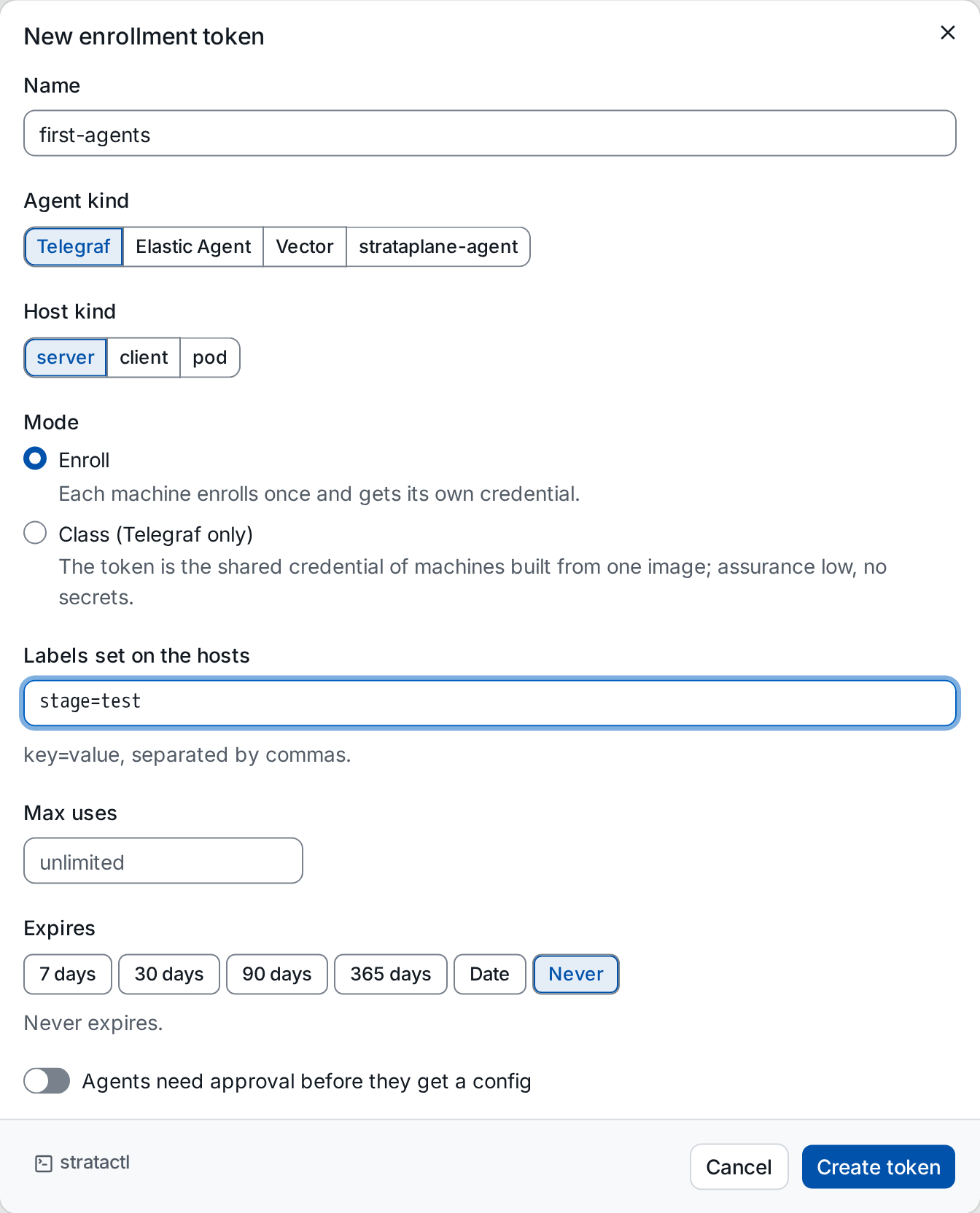 The New enrollment token dialog with name, agent kind, mode, labels, expiry and approval