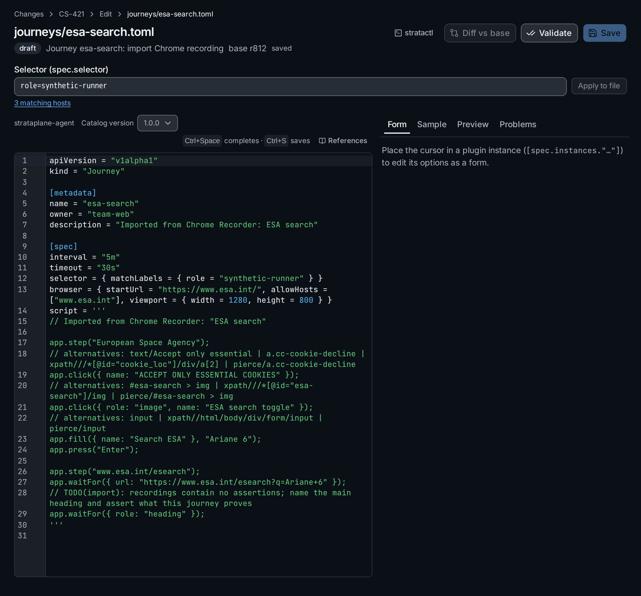 The editor with journeys/esa-search.toml in a draft change set: allowHosts and the TODO the importer left