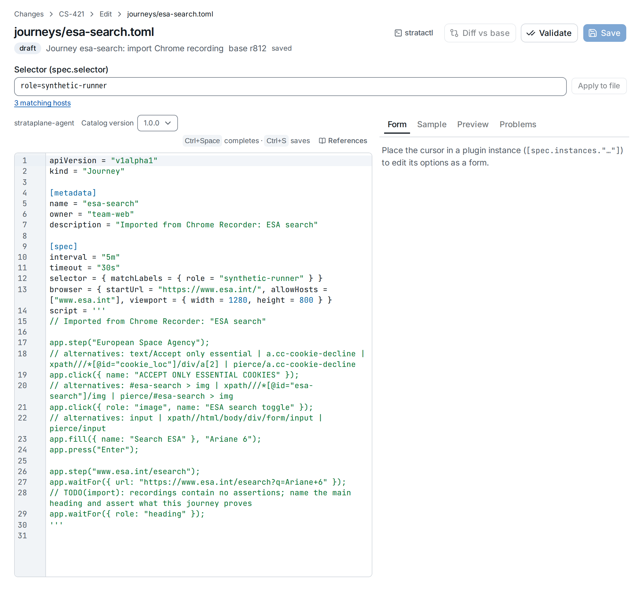 The editor with journeys/esa-search.toml in a draft change set: allowHosts and the TODO the importer left