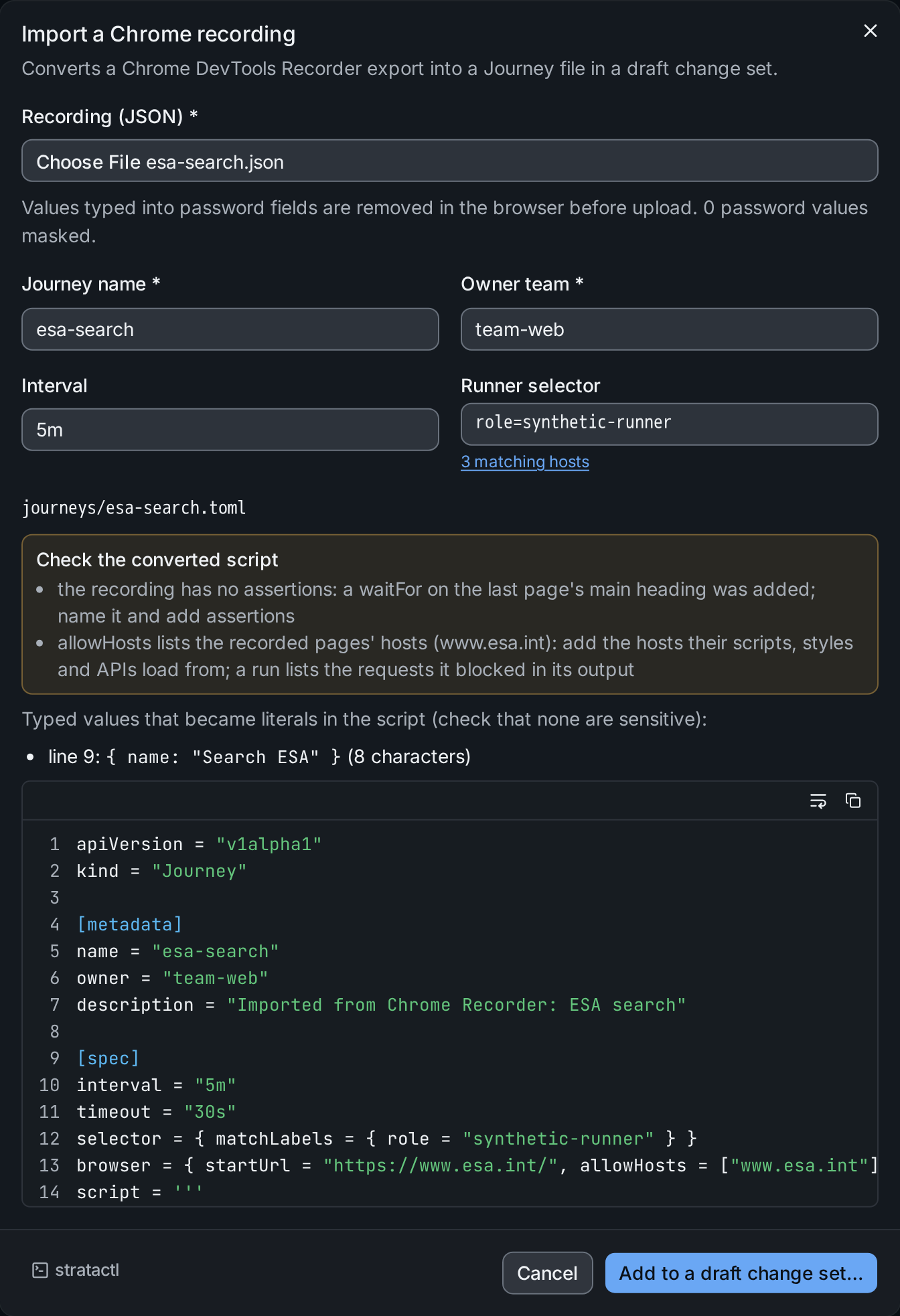 The Import a Chrome recording dialog with the converted Journey file, its warnings and the typed value