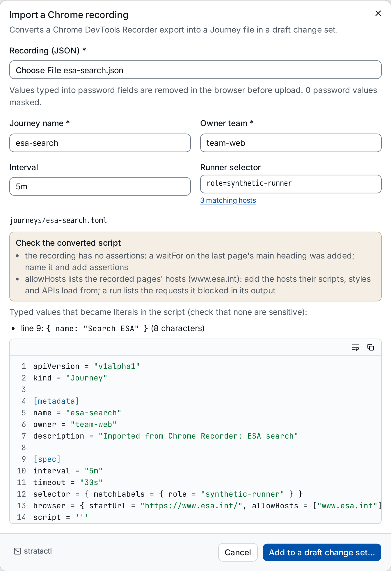 The Import a Chrome recording dialog with the converted Journey file, its warnings and the typed value