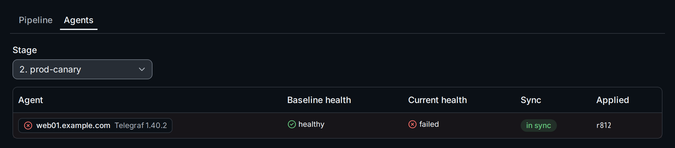 The Agents tab of RO-17 for stage prod-canary: web01 was healthy before the change and failed after
