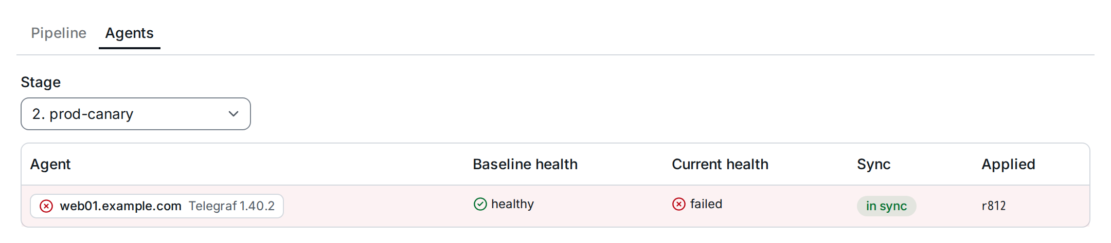 The Agents tab of RO-17 for stage prod-canary: web01 was healthy before the change and failed after
