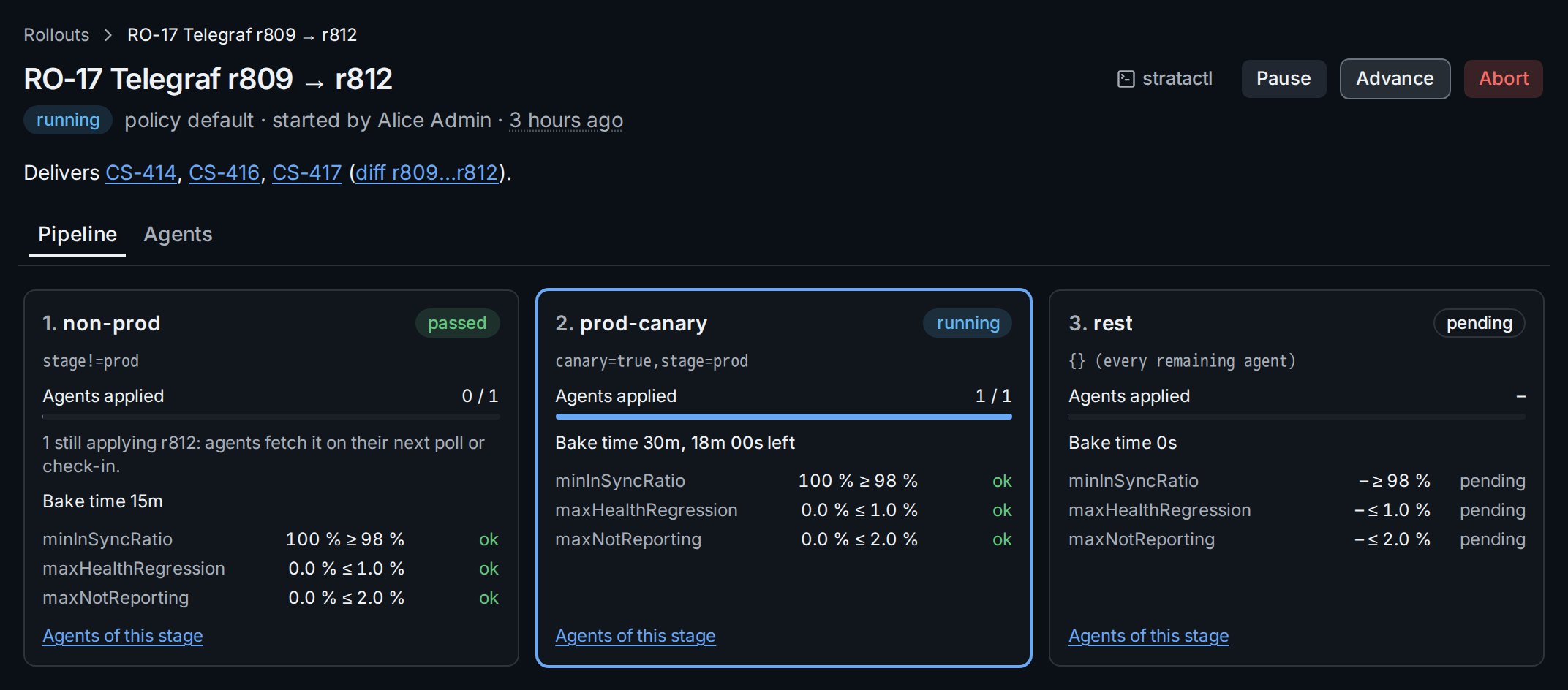 RO-17 running: stage non-prod passed with one agent still applying, prod-canary baking, rest pending