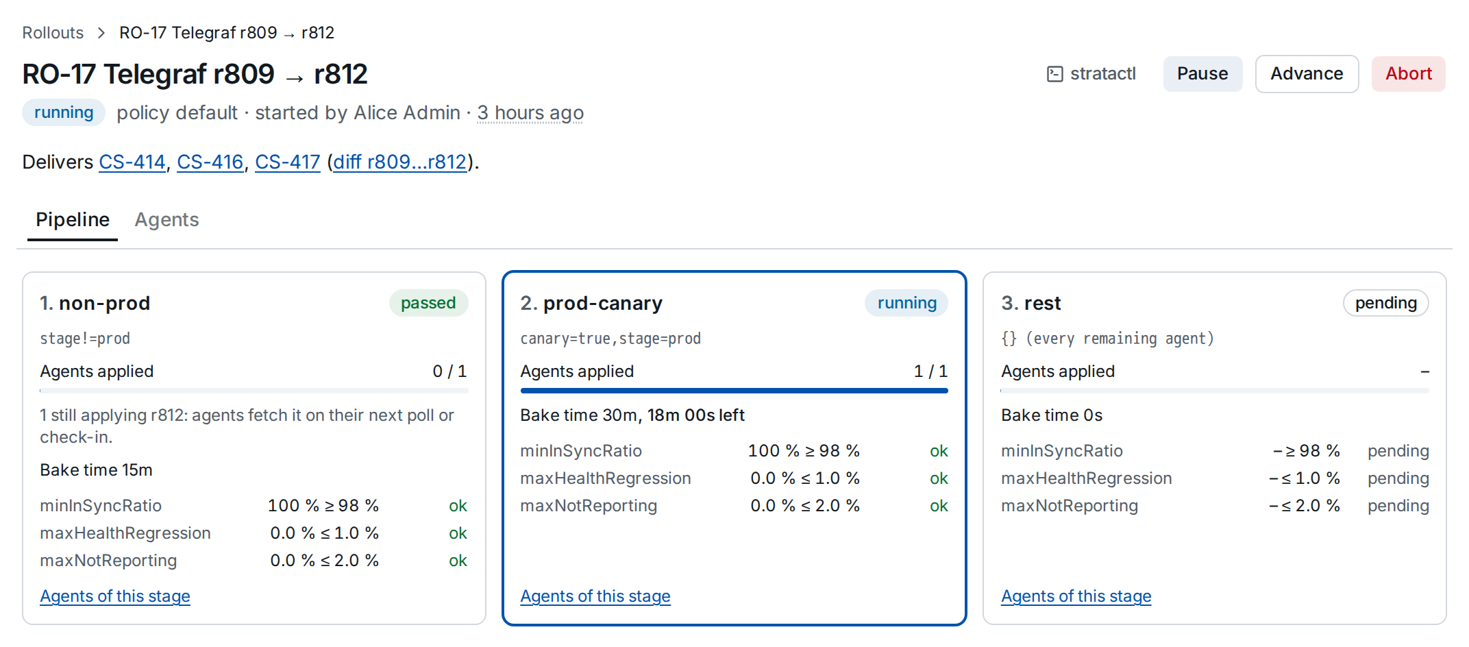 RO-17 running: stage non-prod passed with one agent still applying, prod-canary baking, rest pending