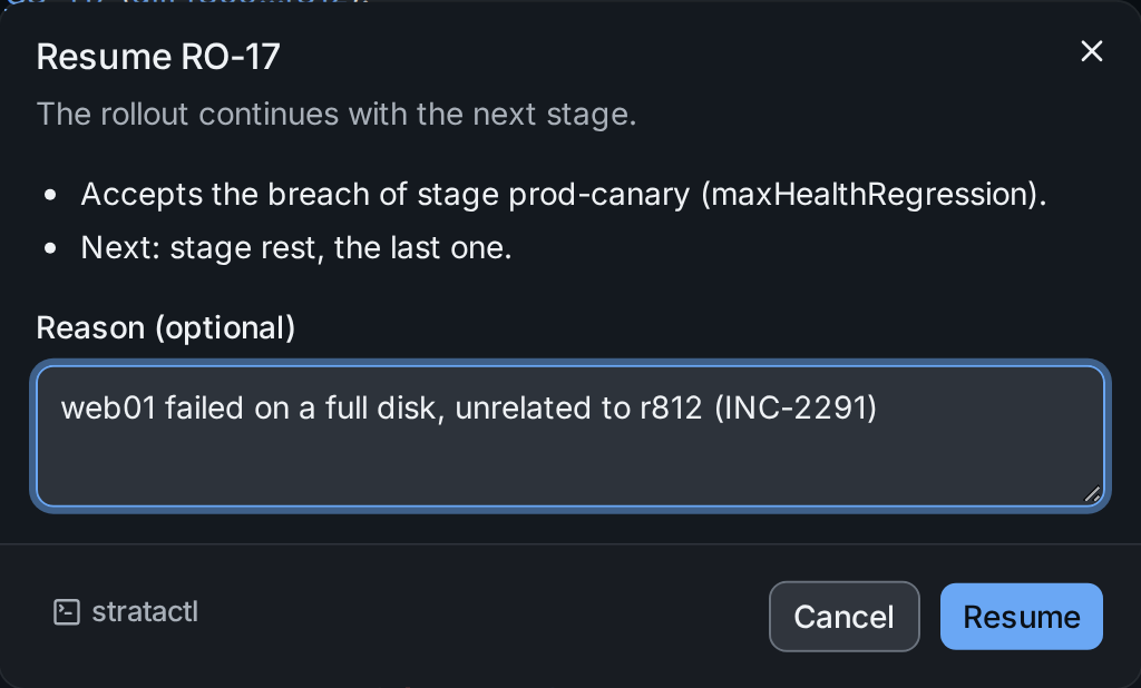 The Resume RO-17 dialog: resuming accepts the breach of stage prod-canary