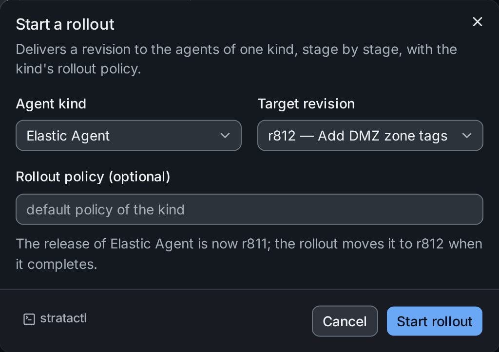 The Start a rollout dialog for Elastic Agent with the target revision and an optional policy