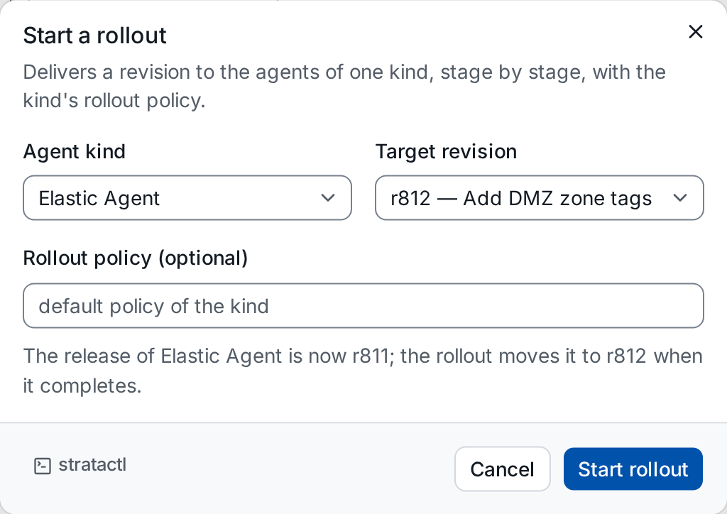 The Start a rollout dialog for Elastic Agent with the target revision and an optional policy