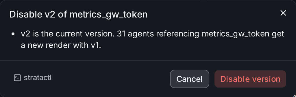 The confirmation to disable the current version v2: the agents get a new render with v1
