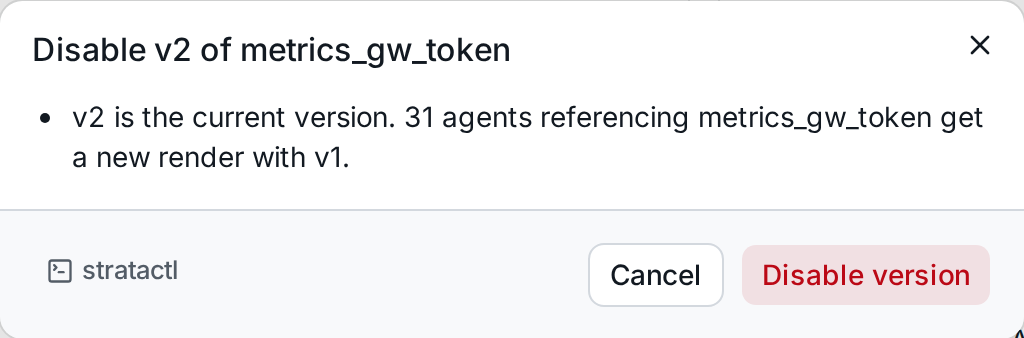 The confirmation to disable the current version v2: the agents get a new render with v1