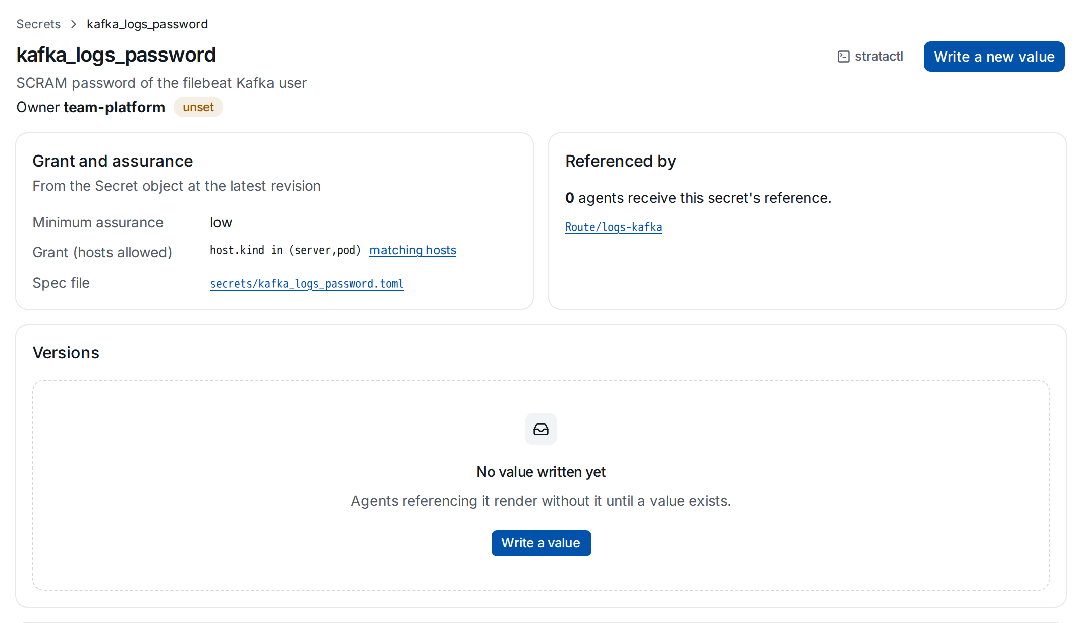 Secret kafka_logs_password without a value: the route logs-kafka references it, no version is written yet