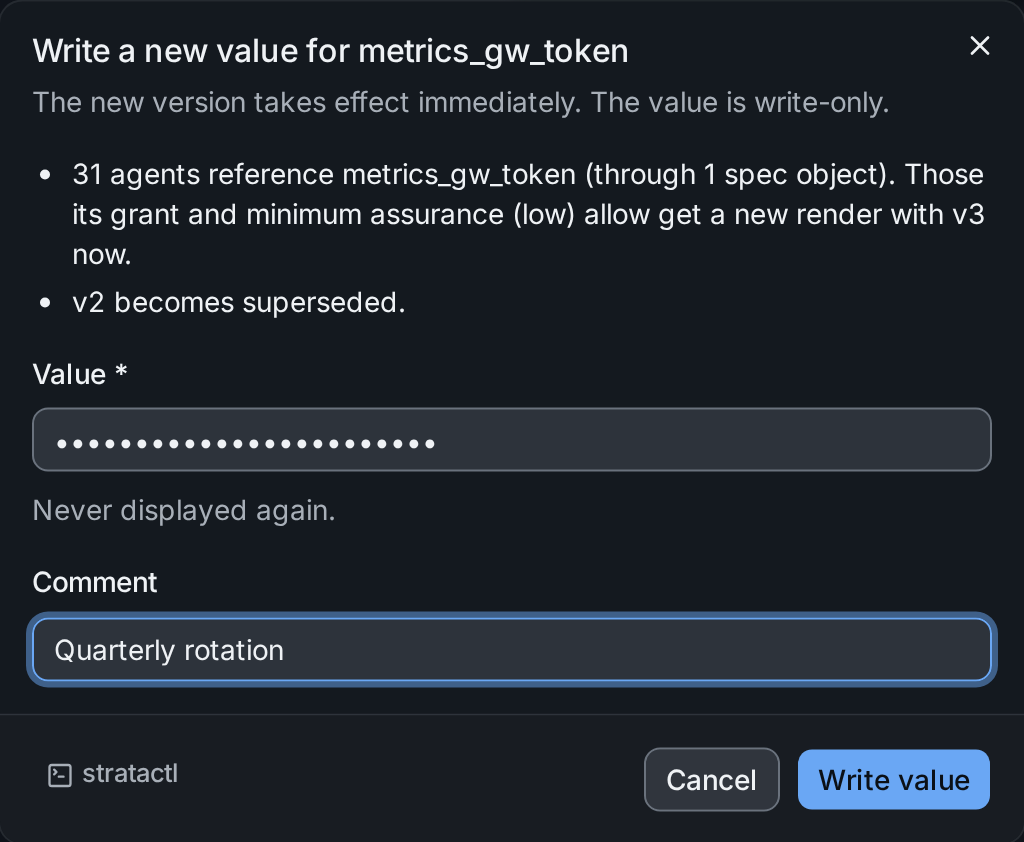 The Write a new value dialog with the write-only value field and a comment