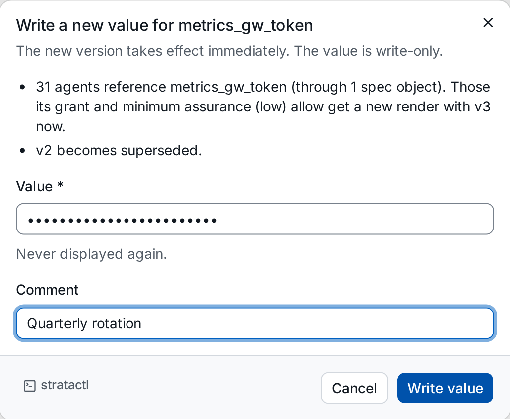 The Write a new value dialog with the write-only value field and a comment