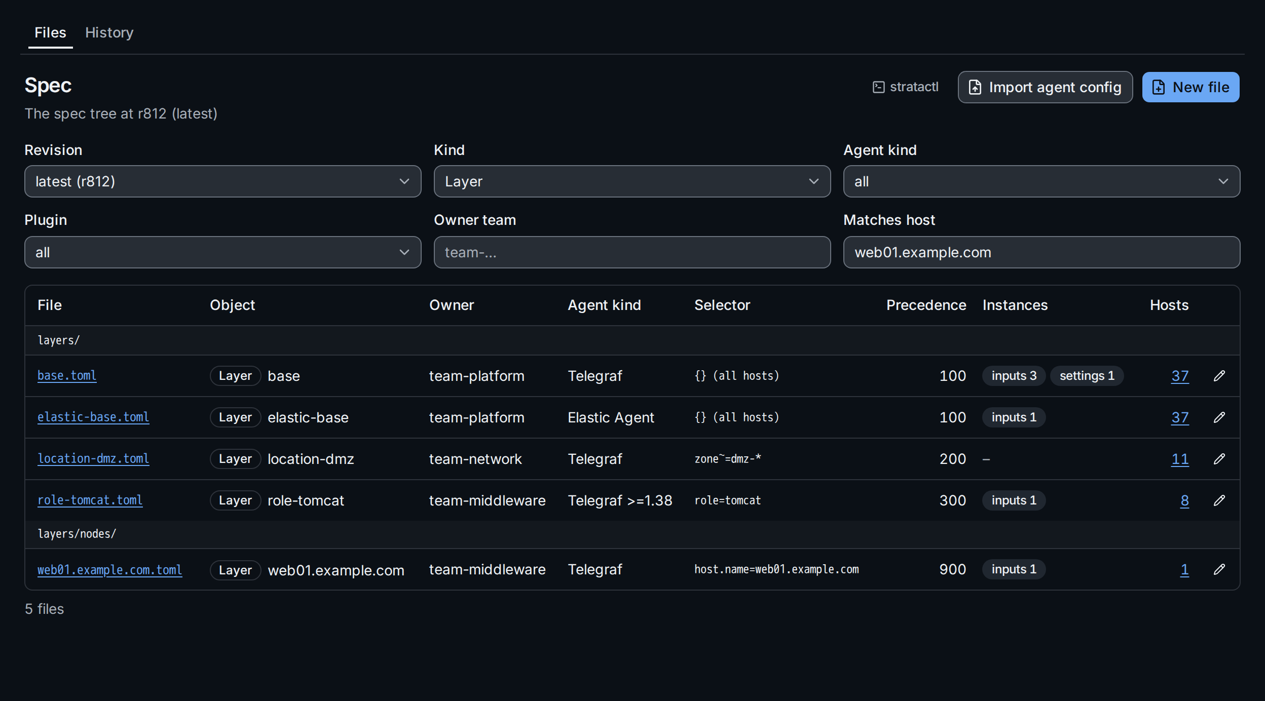 Spec › Files filtered to the layers that match web01.example.com, with instance counts per plugin section and matching hosts