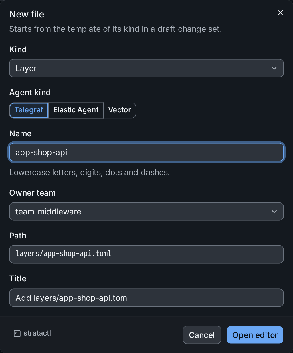The New file dialog with kind, agent kind, name, owner team, path and the title of the draft change set