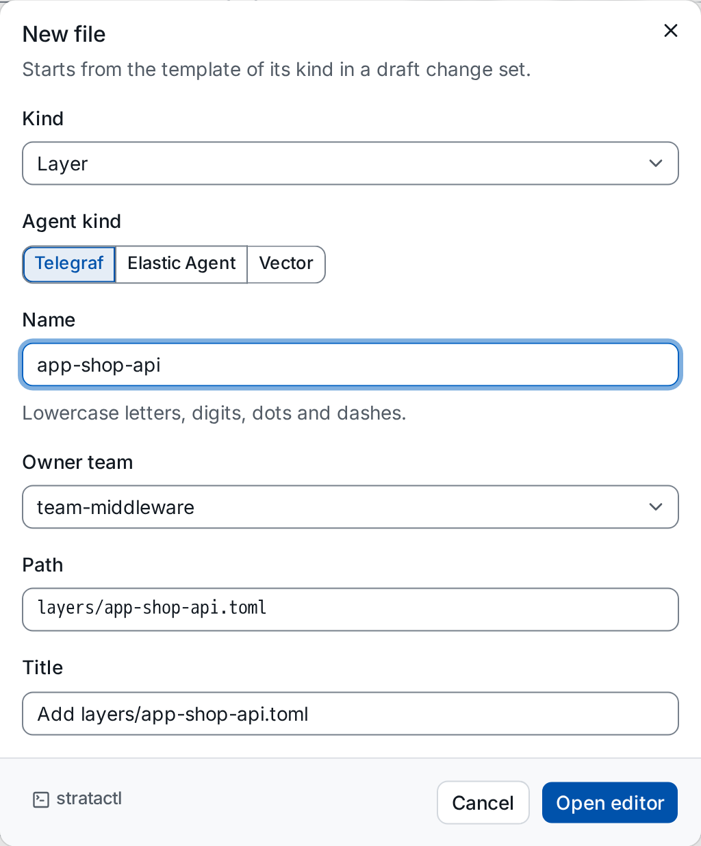 The New file dialog with kind, agent kind, name, owner team, path and the title of the draft change set