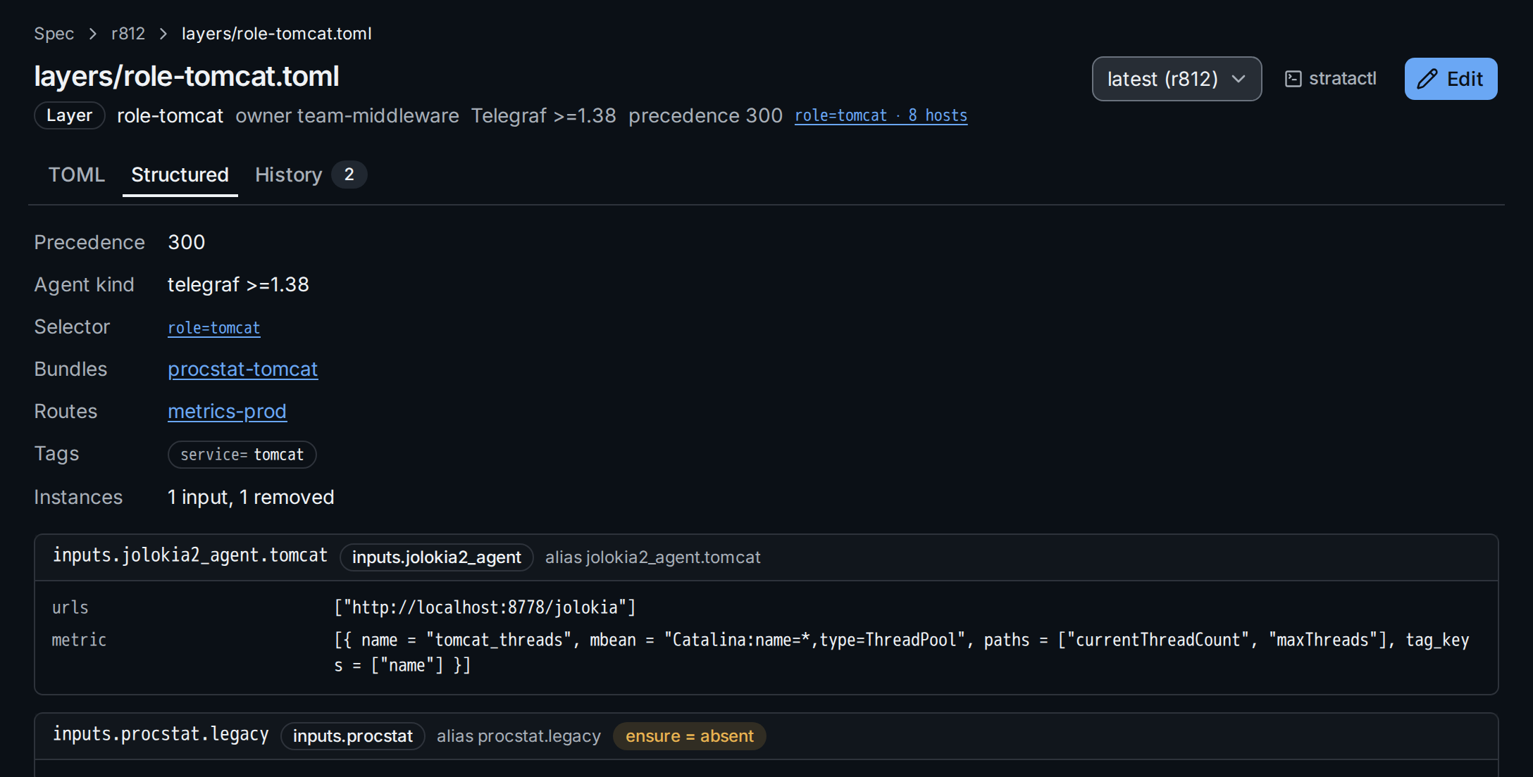 The Structured view of layers/role-tomcat.toml: precedence, selector, bundles, routes, tags and the plugin instances with their options