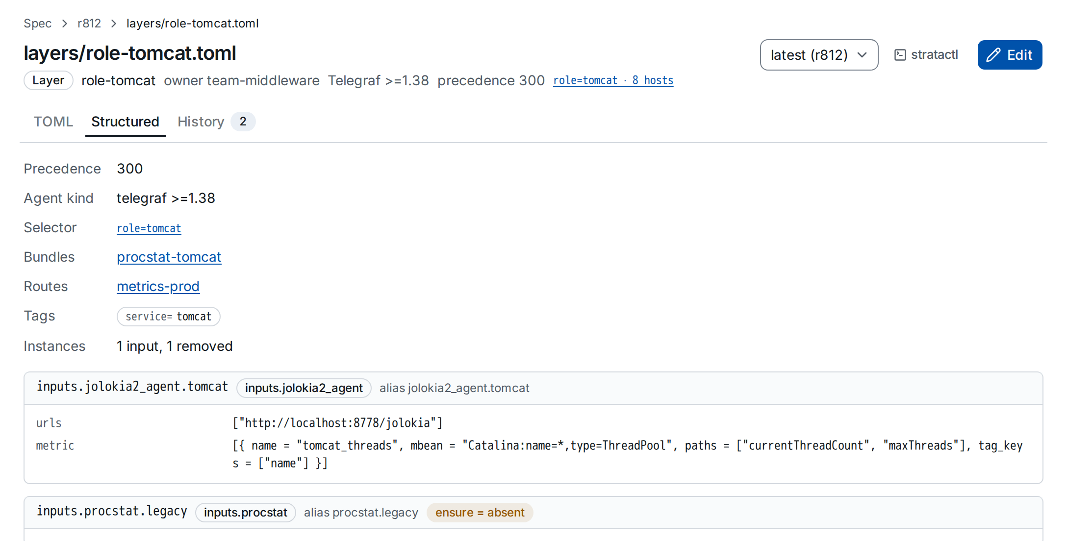 The Structured view of layers/role-tomcat.toml: precedence, selector, bundles, routes, tags and the plugin instances with their options